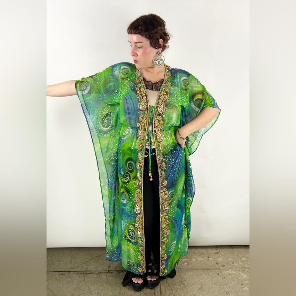 417B- GREEN BLUE. Hand Beaded Detail Tie Front Kimono